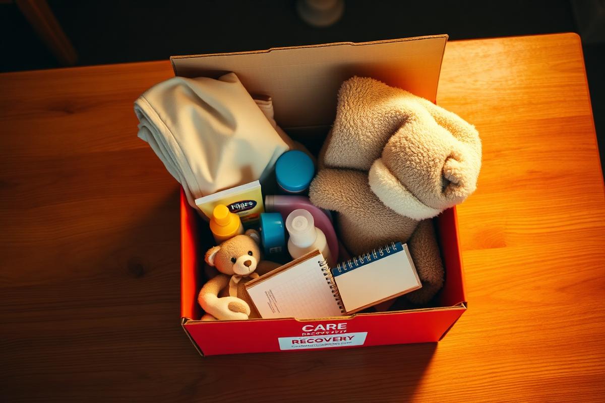 A packed Recovery Box containing folded clothing, hygiene supplies, and a blanket